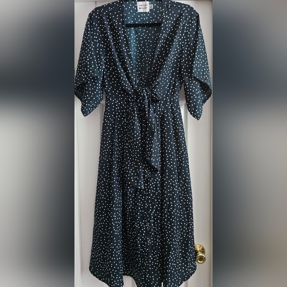 Hello Molly Stuck In Your Ways Midi Dress Green White Polka Dot Cutout Tie Front - Picture 5 of 10